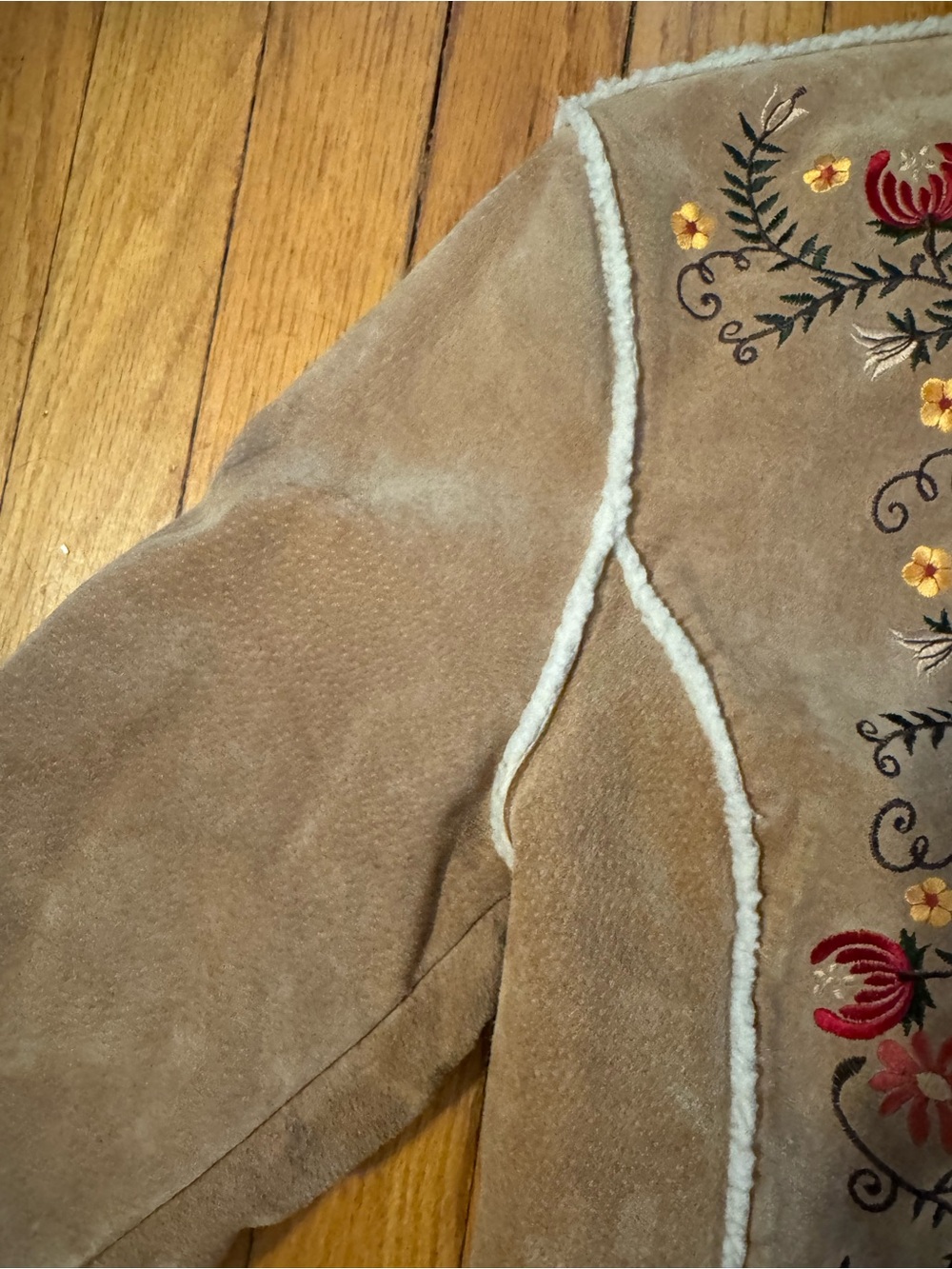 St. John's Bay Tan Suede Embroidered Toggle Coat with Cream Shearling Trim - Picture 11 of 17